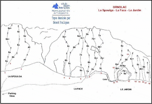 Diagram showing climbing routes on one sector